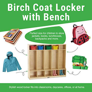 ECR4Kids Birch 5-Section School Coat Locker with Bench and Cubbies, Backpack and Cubby Storage Organizer with Hooks, Hardwood Locker for Daycares, Classrooms, Mudrooms and Homes, Light Wood Color (ELR-0453)