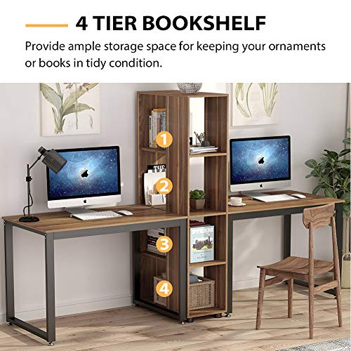Tribesigns 91 Inches Two Person Computer Desk with Shelves, Extra Large Double Workstations Office Desk with Storage for Home Office (Dark Walnut)