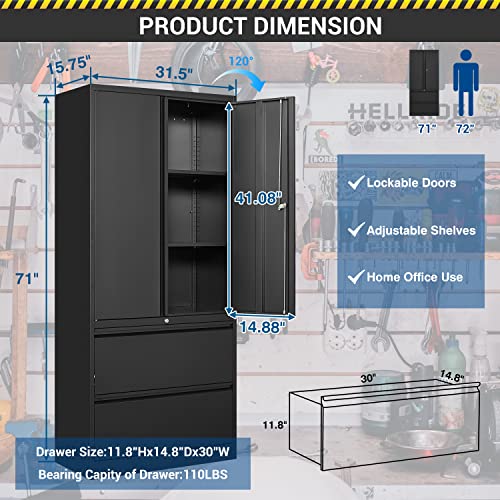 Fesbos 71" Metal Storage Cabinet with Lock - Black Heavy-Duty Garage Tool Cabinet