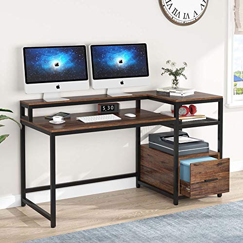 TIYASE Computer Desk with Hutch and Storage Shelves, 59 inch Large Rustic Home Office Desk Computer Table Study Writing Desk Workstation with File Drawer and Monitor Shelf (Vintage Brown)