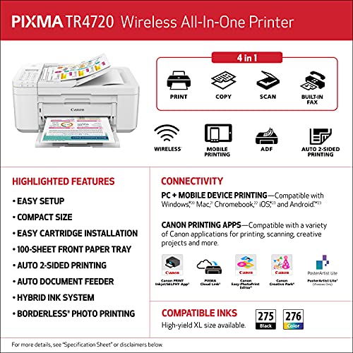 Canon PIXMA TR4720 All-in-One Wireless Printer for Home use, with Auto Document Feeder, Mobile Printing and Built-in Fax, White