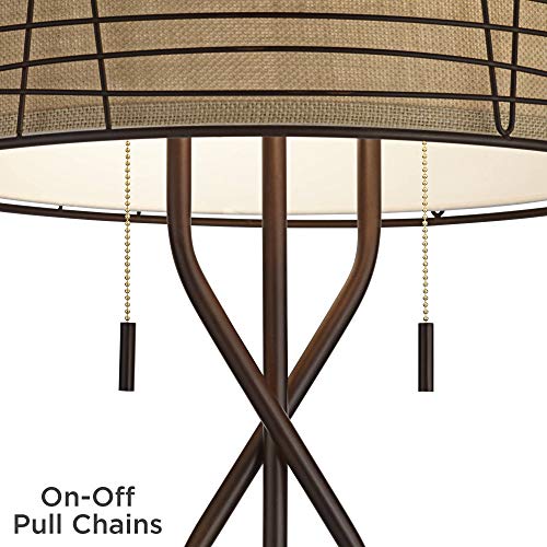 Franklin Iron Works Marlowe Industrial Rustic Farmhouse Floor Lamp - 60 1/2" Tall Bronze Woven Iron Metal Burlap Fabric Double Drum Shade