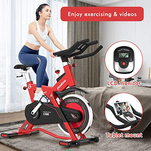 cycool Stationary Exercise Bikes Indoor Cycling with 44 lbs Flywheel,LCD Monitor,Belt Drive, Comfortable Seat for Home Cardio Workout Bike Training (Red580-03)