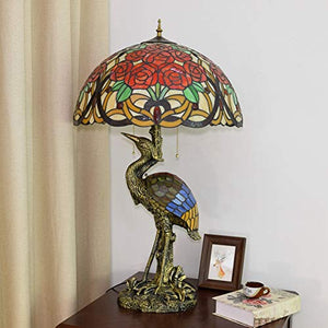 Xihe Tiffany Antique Table Lamp 20" Male Bird Desk Lamp with Colored Roses Glass Lampshade