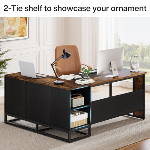 Tribesigns 63" L-Shaped Executive Desk with Drawers and Shelves, Rustic Business Furniture, Brown & Black