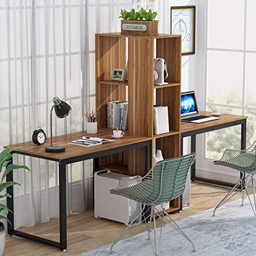 Tribesigns 91 Inches Two Person Computer Desk with Shelves, Extra Large Double Workstations Office Desk with Storage for Home Office (Dark Walnut)