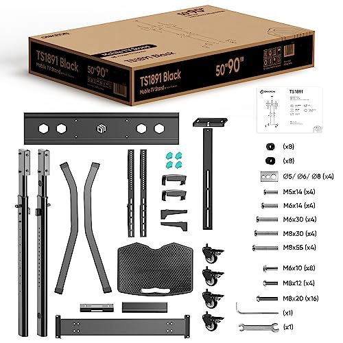 ONKRON Mobile TV Stand for 50"-90" Screens, Portable TV Cart up to 220 lbs - Max VESA 800x600 - TS1891-B Black