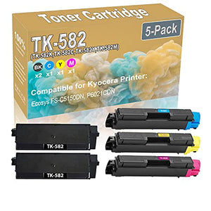5-Pack (2BK+C+Y+M) Compatible High Yield TK-582 (TK-582K TK-582C TK-582Y TK-582M) Printer Toner Cartridge use for Kyocera Ecosys FS-C5150DN P6021CDN Printers