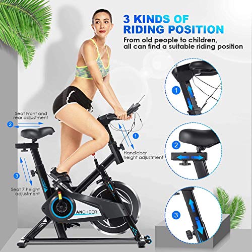 ANCHEER Exercise Stationary Bike, Indoor Cycling Bike Belt Drive with APP Connection, Adjustable Resistance, LCD Monitor, Comfortable Cushion,Pad/Phone Holder, Quiet for Home Gym Cardio Workout