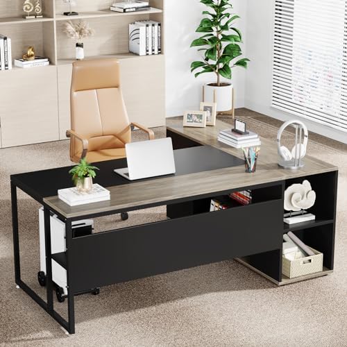 Tribesigns 71" Executive L-Shaped Desk with Cabinet Storage, Shelves - Gray
