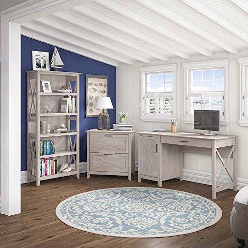 Bush Furniture Key West 54W Computer Desk with Storage, 2 Drawer Lateral File Cabinet and 5 Shelf Bookcase in Washed Gray