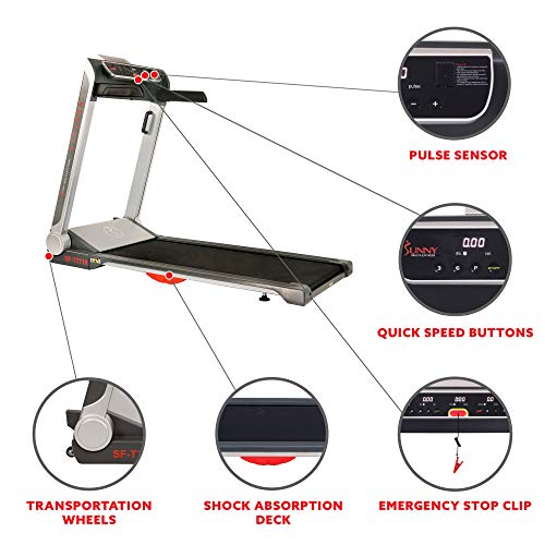Sunny Health & Fitness No Assembly Motorized Folding Running Treadmill, 20" Wide Belt, Flat Folding & Low Profile for Portability with Speakers for USB and AUX Audio Connection - Strider, SF-T7718