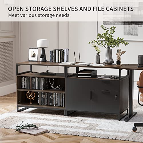 FEZIBO L Shaped Standing Desk with File Cabinet, Electric Height Adjustable, Modern Wood Computer Desk - Black Frame/Dark Walnut Top