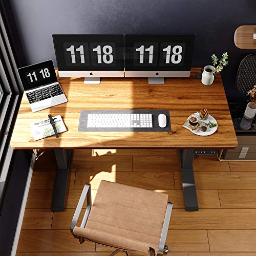 FEZIBO Height Adjustable Electric Standing Desk, 55 x 24 Inches Stand Up Table, Sit Stand Home Office Desk with Splice Board, Black Frame/Espresso Top