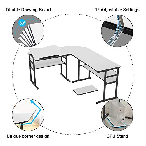 Tribesigns L-Shaped Computer Desk with Storage Shelves, Large Corner Computer Desk Study Writing Workstation Drafting Table with Bookshelf and Tiltable Drawing Board for Home Office (White, 67 in)