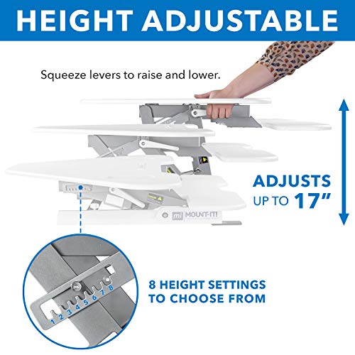 Mount-It! White Corner Standing Desk Converter | Height Adjustable 48” Wide Desktop | Corner Stand Up Desk with Gas Spring Handle | Stand Up Computer Workstation with Ergonomic Keyboard Tray | White