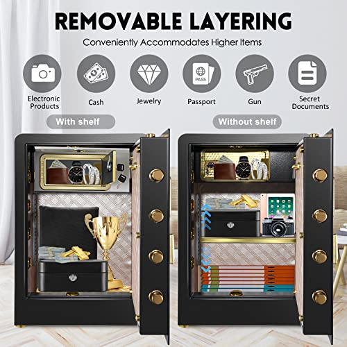 ETE ETMATE 4.0 Cub Large Safe Box Fireproof Waterproof, Digital Home Safe with Fireproof Document Bag, Double Safety Key Lock and LCD Screen, Built In Cabinet Box, Removable Shelf, LED Light, Money Safe for Home Office Hotel (Black, US STOCK)