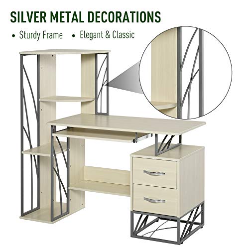 HOMCOM Modern Computer Desk with 4-Tier Bookshelf, Home Office Writing Table Workstation with Tower Storage Shelves Keyboard Tray & Lockable Drawers, Natural