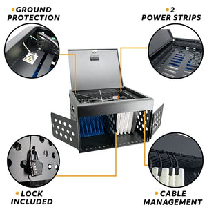 16-Device Locking Tablet Charging Station - Classroom Charging Station for 16 Chromebook Tablet Laptop - Metal Laptop Charging Cart with Cable Management and Charger Organization (Black)