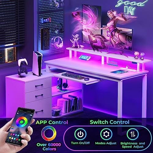 Rolanstar White L Shaped Computer Desk with Drawers, Power Outlet, LED Strip, and Keyboard Tray
