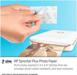 HP Sprocket Plus Instant Photo Printer, Print 30% Larger Photos on 2.3x3.4 Sticky-Backed Paper – White (2FR85A)