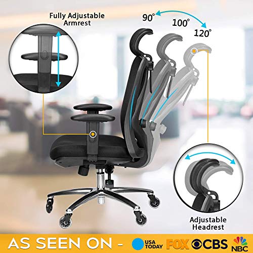 Duramont Ergonomic Adjustable Office Chair with Lumbar Support and Rollerblade Wheels - High Back with Breathable Mesh - Thick Seat Cushion - Adjustable Head & Arm Rests, Seat Height - Reclines