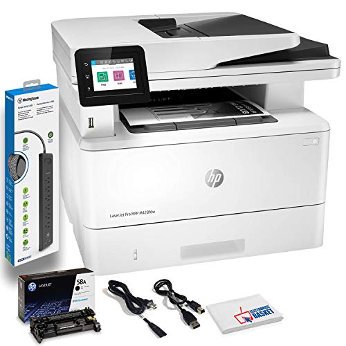 Hewlett Packard Laserjet Pro MFP M428fdw Wireless Monochrome All-in-One Printer, Copier, Scanner, Fax, W1A30A#BGJ with Power Strip Surge Protector + Electronics Basket TM Microfiber Cleaning Cloth