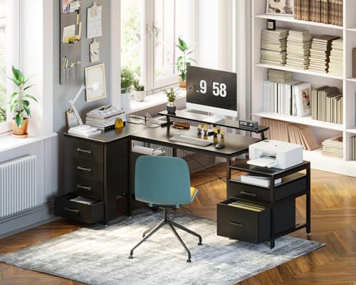 AODK L Shaped Computer Desk with File Drawers & Power Outlet, 72" Corner Desk - Black