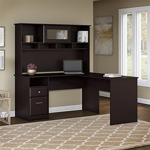 Bush Furniture Cabot 60W L Shaped Computer Desk with Hutch and Drawers in Espresso Oak