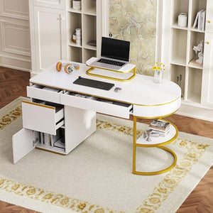Merax 60'' Modern Executive Home Writing Curved Computer Desk with Metal Legs, 3-Drawers, and Storage Cabinet - White+Gold