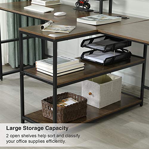 Sedeta 94.5 inches Computer Desk, Two Person Desk, Double Desk with Storage Shelves, Extra Long Workstation Desk with Monitor Stand, Power Strip with USB, Study Writing Desk for Home Office, Walnut