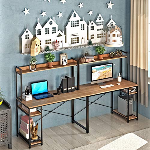 VIPEK 94.5 Inch 2 Person Desk, Large Double Computer Desk with Hutch & Storage Shelves, Extra Long Desk Writing Study Table Double Workstation Home Office Desk for Two People, Suntalam Walnut
