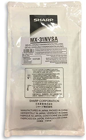 Sharp MX-31NVSA Tri-Color Developer; New Genuine OEM Sharp Brand; Sealed Pack Contains 3 Pouches: Cyan, Magenta and Yellow; Net 720 Grams
