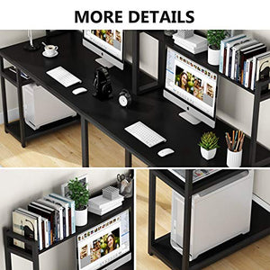 LITTLE TREE Double Desk, 94.5 inches Extra Long Computer Desk with Hutch and Storage Shelves, Two Person Workstation Table for Home Office, Dual Writing Study Desk, (Black)