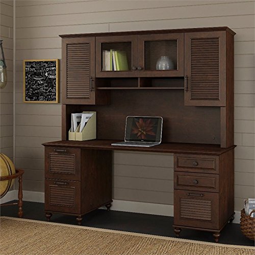 kathy ireland Home by Bush Furniture Volcano Dusk Double Pedestal Desk with Hutch in Coastal Cherry