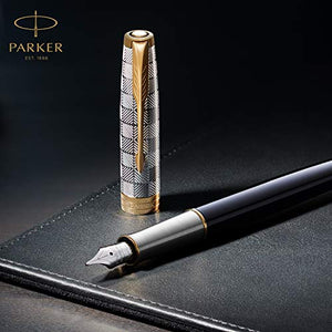 PARKER Sonnet Fountain Pen, Prestige Chiseled Silver with Gold Trim, Solid 18k Gold Fine Nib