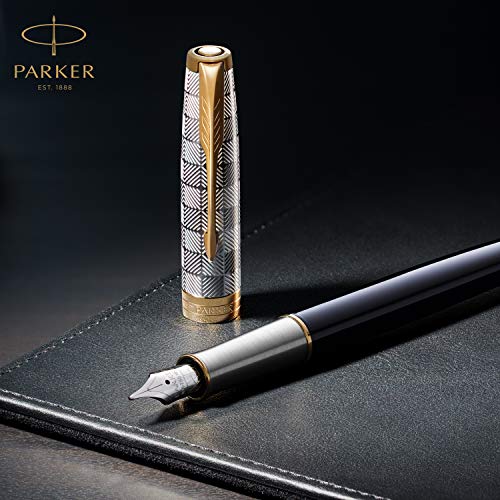 PARKER Sonnet Rollerball Pen | Premium Metal and Black Gloss Finish with Gold Trim | Fine Point with Black Ink Refill | Gift Box