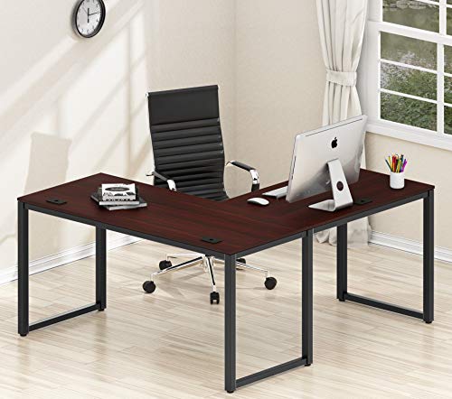 SHW Home Office 55"x60" Large L Shaped Corner Desk, Black Cherry