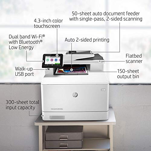HP Color Laserjet Pro Multifunction M479fdw Wireless Laser Printer, Print Scan Copy Fax, Automatic 2-Sided Printing, 28 ppm, 250-sheet, 512MB, Works with Alexa, Bundle with JAWFOAL Printer Cable.