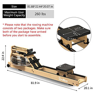 REDLIRO Water Rowing Machine Wood Folding Water Resistance Rower for Home Gym Use Oak Wooden Indoor Fitness Sports Training Equipment Bluetooth LCD Monitor (Electric Water Pump Included)