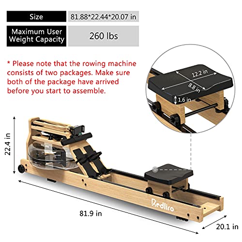 REDLIRO Water Rowing Machine Wood Folding Water Resistance Rower for Home Gym Use Oak Wooden Indoor Fitness Sports Training Equipment Bluetooth LCD Monitor (Electric Water Pump Included)