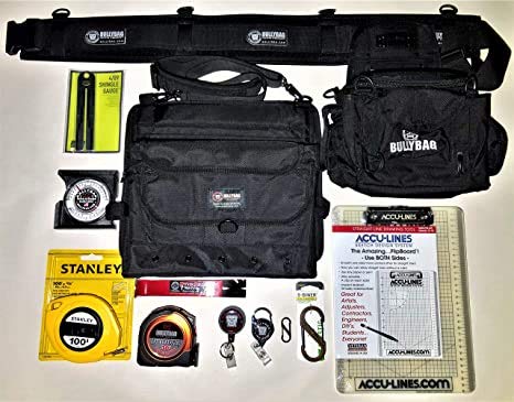 BULLYBAG 12-Pack w Bandit Belt System, Haag Shingle Gauge, Tool Managers, 25' Tape Measure, SideBar 7" Pry Bar, Pitch Gauge, Stanley 100' Tape (LARGE)