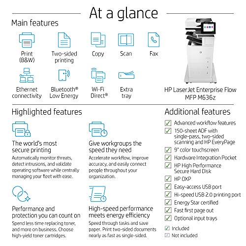 HP LaserJet Enterprise Flow MFP M636z Monochrome Multifunction Printer with High-Capacity Input Feeder, Wheeled Stand and 3-bin Stapler/Stacker (7PT01A)