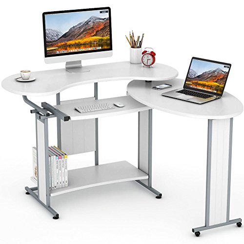 L-Shaped Computer Desk, LITTLE TREE Rotating Corner Desk & Modern Office Study Workstation, for Home Office or Living Room (White)