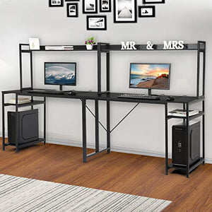 2 Person Desk, Double Computer Storage Shelves, Extra Long 2 People Pc Workstation Home Office Computer Desk with Monitor Hutch, Writing Study Gaming Table, Easy Assembly (Black)