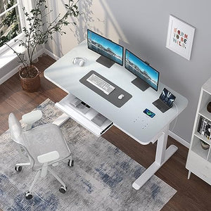 ADOFFUR Dual Motor Glass Standing Desk with Drawers, White Electric Stand Up Desk