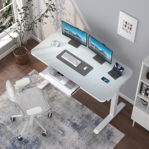 ADOFFUR Dual Motor Glass Standing Desk with Drawers - White Height Adjustable Desk