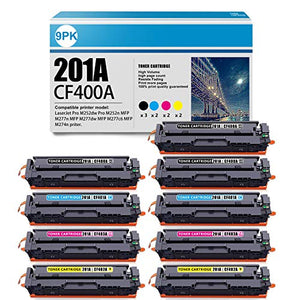 9 Pack (3BK+ 3C + 3M + 3Y) Compatible 201A | CF400A CF401A CF403A CF402A Toner Cartridge Replacement for HP Color Pro M252dw M252n MFP M277n M277dw M274n Printer Ink Cartridge (High Yield)