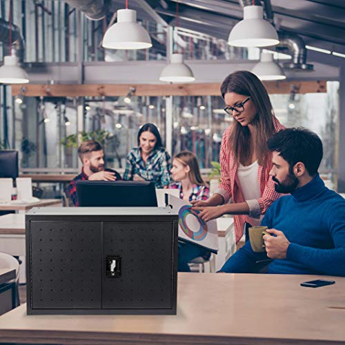 Pearington 16 Device Portable Table Top Charging and Storage Cabinet for iPads, Chromebooks and Laptop Computers, Up to 17-inch Screen Size, Bonus Shelf, Side Handles, Locking Front Door, Cable Clips