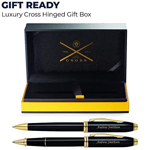 Engraved Cross Pen Set | Personalized AT Cross Townsend Black Ballpoint and Rollerball Pen Set with 23k Gold Accents. Custom Engraved Fast by Dayspring Pens.